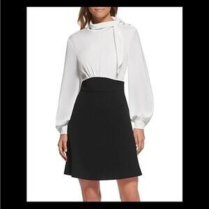 Karl Lagerfeld Paris A-line Combo Dress in soft white and black